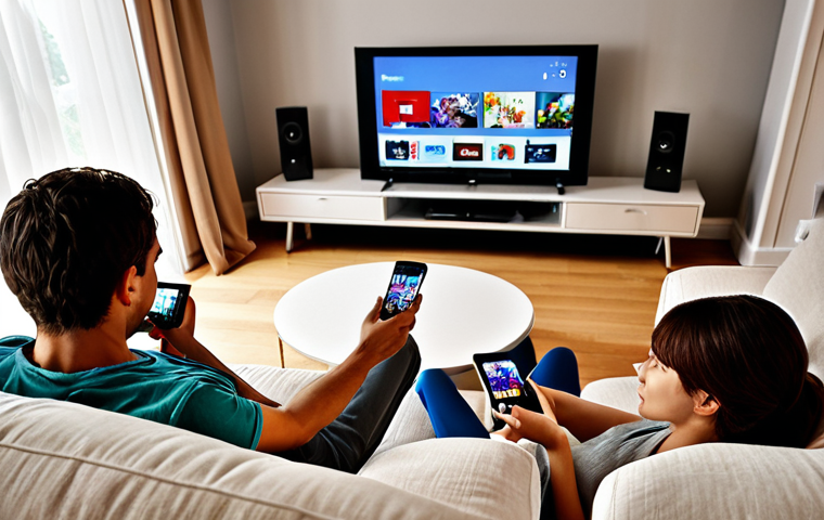 **Image Prompt:** A person relaxing on a couch, surrounded by multiple devices (smartphone, tablet, TV) all displaying the same show, emphasizing seamless multi-device streaming. The scene should evoke a cozy and convenient atmosphere.