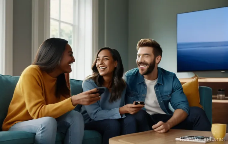 OTT 플랫폼과 사용자 신뢰 - A young woman in her late 20s, with a relaxed and happy expression, sitting comfortably on a modern ...